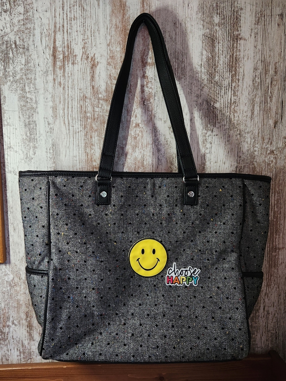 Thirty-One Cindy Tote Bag Charcoal Gray Confetti "Choose Happy" Smiley Face 🙂
